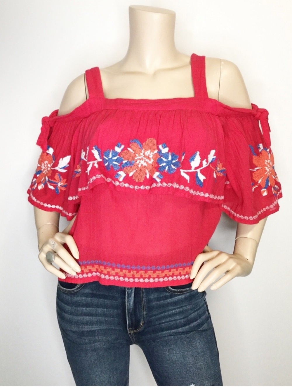 Red Embroidered Off-Shoulder Crop Top